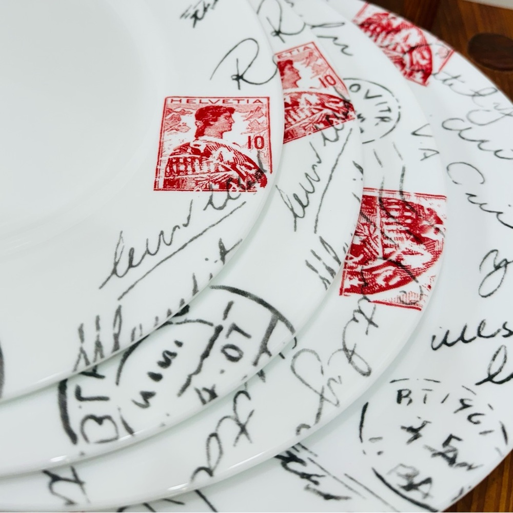 New! Set of 4 Corelle SINCERELY YOURS Postage Stamp Mail Dinner Plates